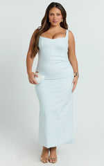 Benita Midi Dress - Scoop Neck Ruched Fitted Dress in Blue