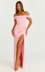 Marcel Maxi Dress - Off Shoulder Corset High Split Dress in Pink