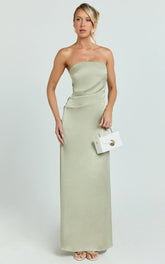 Laurie Maxi Dress - Strapless Draped Satin Dress in Light Olive