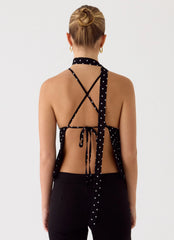Quiero Backless Top - Black Polkadot
