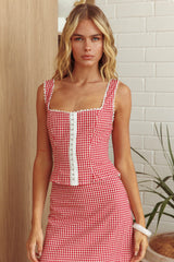 Summer Cottage Lace Trim Top Red Check