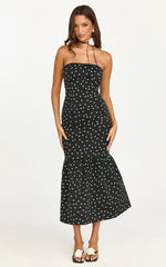 Seraphina Midi Dress - Polka Dot Strapless Lace Neck Gathered Mermaid Skirt Dress in Black Polka Dot