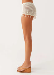 Pearl Shore Beaded Crochet Mini Shorts - Ivory