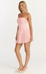 Penny Mini Dress - Strapless Corset Bodice Floral Embellished Godet Dress in Soft Pink