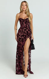 Violeta Maxi Dress - Corset Front Burnout Dress in Wine