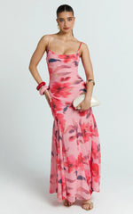 Pink Floral Cowl Neck Godet Maxi Dress