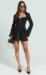 Black Mini Dress with Sweetheart Neck, Long Sleeves and Zip Front