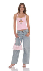 Cutout Floral Embellished Top in Pink