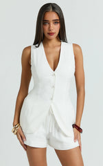Longline Linen V Neck Back Tie Vest Top in White
