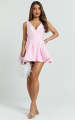 Yara Mini Dress - Plunge Corset Front V Waist Fit And Flare Dress in Pink