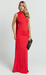 Red Halter Neck Low Back Fit and Flare Maxi Dress