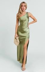 Olive Satin One Shoulder Side Split Maxi Dress