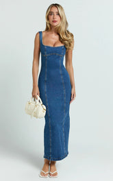 Kristie Maxi Dress - Wide Neck Corset Detail Denim Dress in Dark Blue Wash