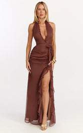 Eleonor Maxi Dress - Plunge Halter Tiered Ruffle Front Split Dress in Chocolate