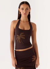 Brienne Beaded Halter Top - Chocolate