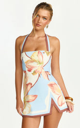 Robyn Mini Dress - Square Neck Halter Neck Faux Wrap Dress in Retro Flower Border Print