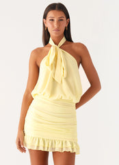 Saebi Tie Neck Mini Dress - Lemon