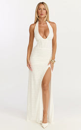 Lacey Maxi Dress - Lace Corset Style Bodice Halter Dress in White