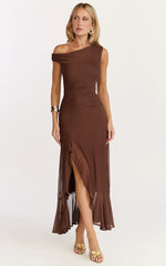 Judee Midi Dress - One Shoulder High Side Split Dress in Chocolate