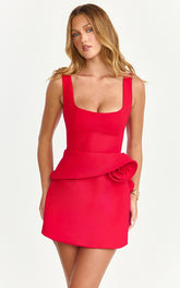 Vivienne Mini Dress - Square Neck Rosette Peplum Dress in Red