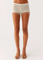 Pearl Shore Beaded Crochet Mini Shorts - Ivory