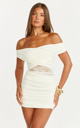 Juliet Mini Dress - Off Shoulder Lace Contrast Dress in Ivory