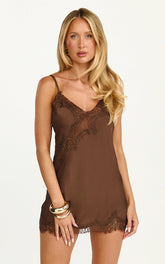 Ava Top - Lace Trim Longline Camisole Top in Chocolate