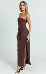 Avery Midi Dress - Strapless Draped Side Split Dress in Chocolate