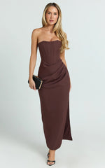 Avery Midi Dress - Strapless Draped Side Split Dress in Chocolate
