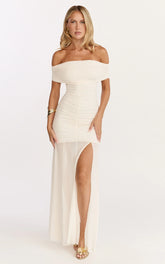 Alanna Maxi Dress - Off Shoulder Ruched Mesh Dress in Cream
