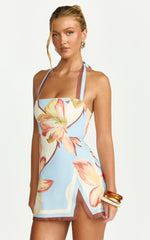 Robyn Mini Dress - Square Neck Halter Neck Faux Wrap Dress in Retro Flower Border Print