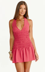 Giselle Mini Dress - Halter Neck Shirred Frilled Hem Fit And Flare Dress in Rose