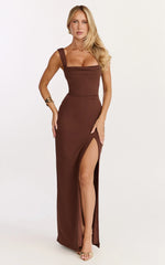 Donna Maxi Dress - Cowl Neck Column High Split Dress in Chocolate