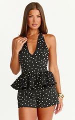 Seraphina Top - Polka Dot V Neck Peplum Top in Black Polka Dot Print