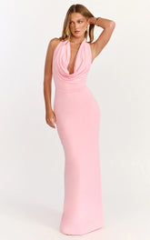 Sylvana Maxi Dress - Cowl Halter Neck Bodycon Dress in Baby Pink