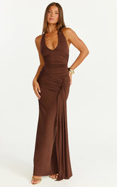 Dixie Maxi Dress - Plunge Halter Low Back Dress in Chocolate