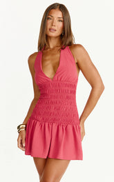 Giselle Mini Dress - Halter Neck Shirred Frilled Hem Fit And Flare Dress in Rose