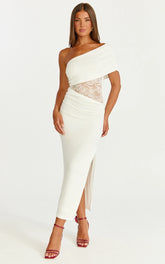 Juliet Midi Dress - One Shoulder Lace Contrast Bodycon Dress in Ivory