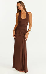 Dixie Maxi Dress - Plunge Halter Low Back Dress in Chocolate
