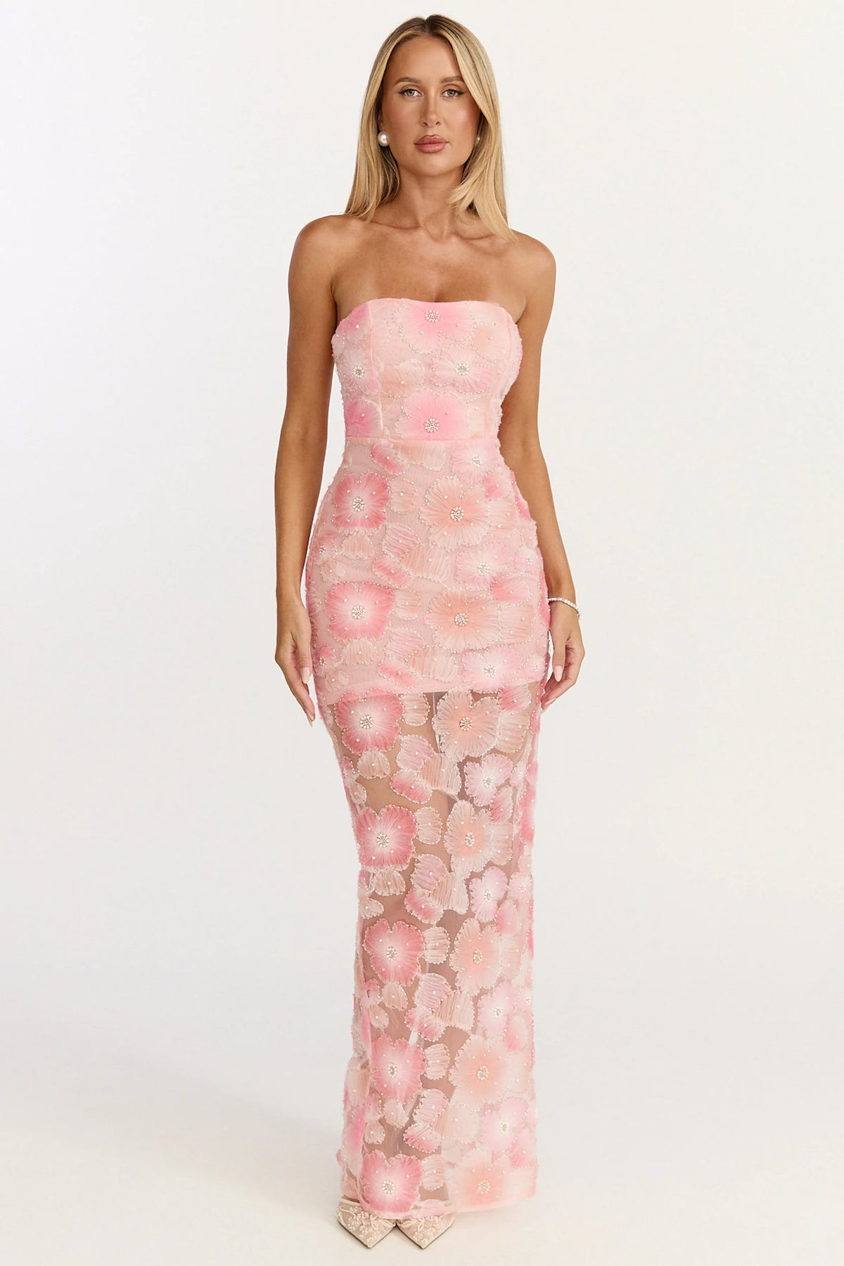 Lima Maxi Dress - Strapless Floral Embellished Column Dress in Pink