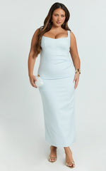 Benita Midi Dress - Scoop Neck Ruched Fitted Dress in Blue