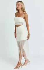 Ivory Two-Piece Fringed Micro Top and Tiered Mini Skirt Set
