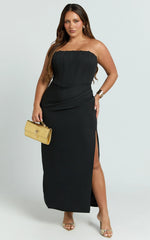 Avery Midi Dress - Strapless Draped Side Split Dress in Black