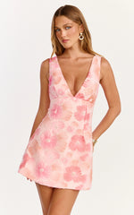 Lima Mini Dress - Plunge Neck Floral Embellished A Line Dress in Pink