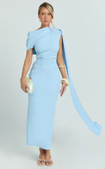 Visenta Midi Dress - Asymmetrical Sleeve Dress in Blue