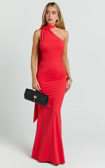 Red Halter Neck Low Back Fit and Flare Maxi Dress