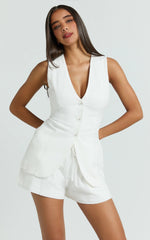 Longline Linen V Neck Back Tie Vest Top in White