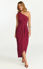 Namaari Midi Dress - Faux Wrap One Shoulder Dress in Wine