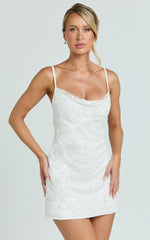 Alana Mini Dress - Sequin Lace Cowl Neck Dress in White