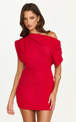 Nalfie Mini Dress - Tipped Shoulder Jersey Drape Dress in Red